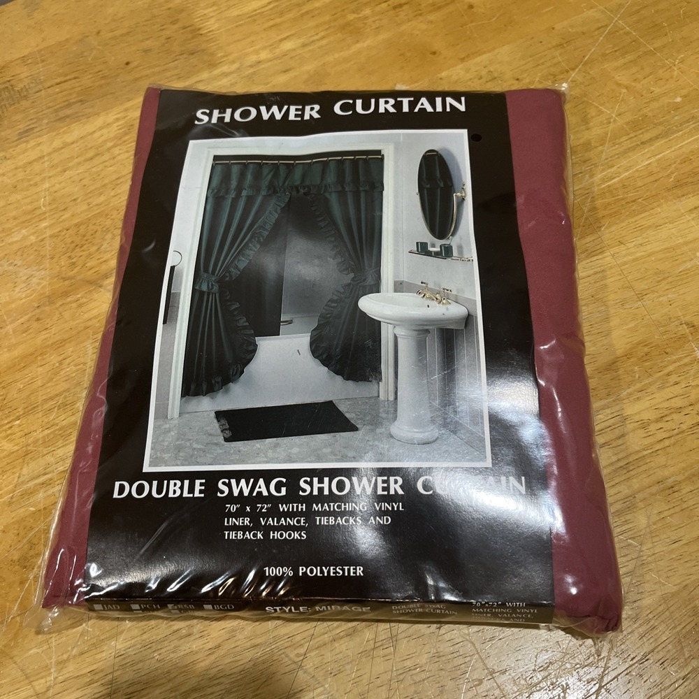Vtg Maroon Red Double Swag Shower Curtain Set‎ NOS 80s 90s Cottagecore Tieback